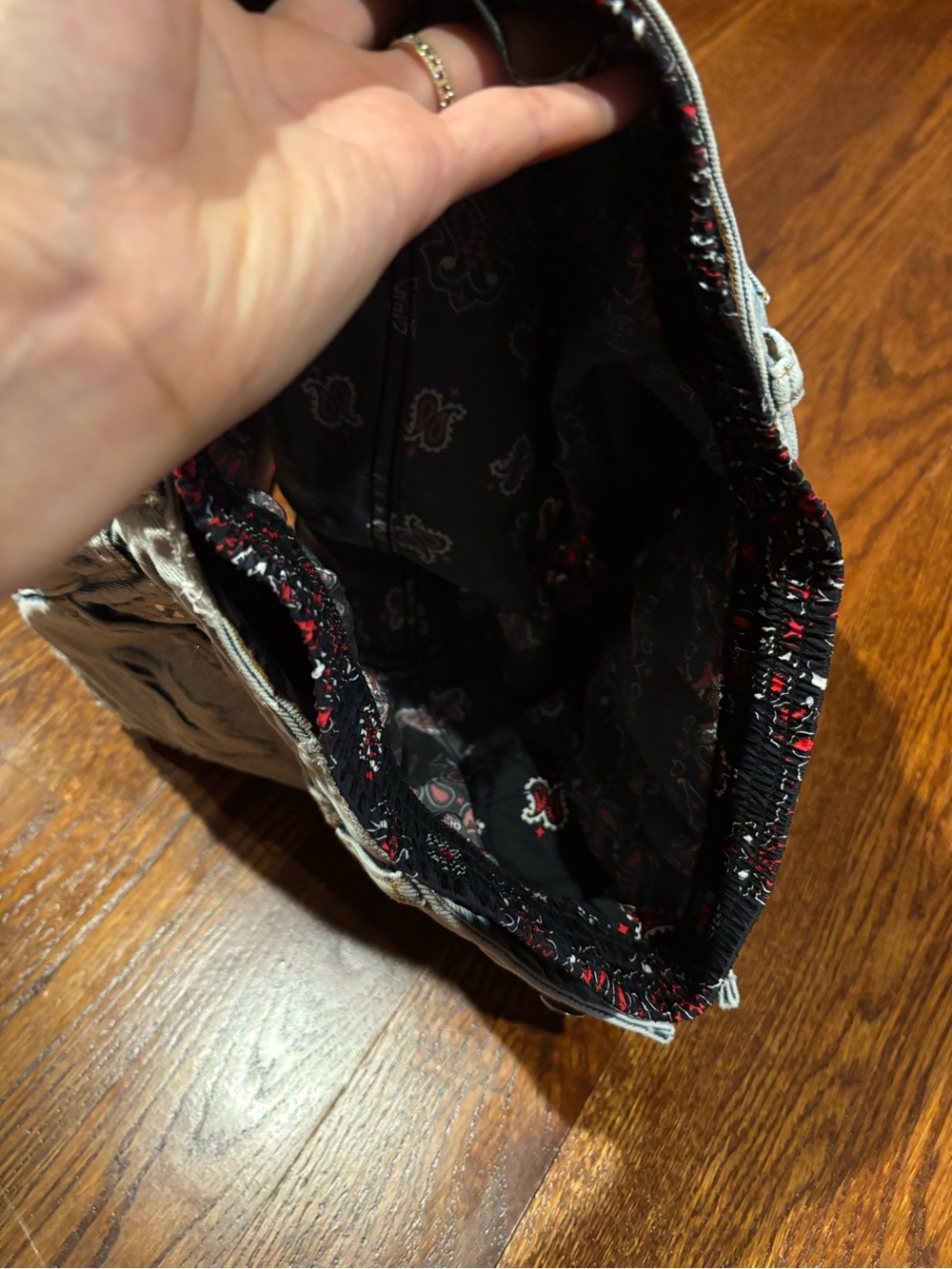 Alexander Wang Light Wash Distressed Denim Shorts with Black & Red Bandana Trim - Picture 5 of 7
